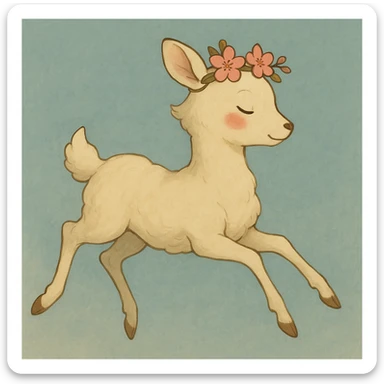 Create a different pose for a feminine adult vanilla cloud doe with rosy cheeks and cherry flowers, floating gracefully, in Ghibli style. This is for brand identity and social media use. sticker