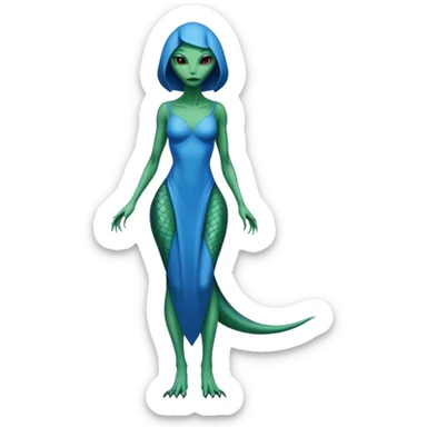 a Reptilian alien woman, full body, in bue dress sticker