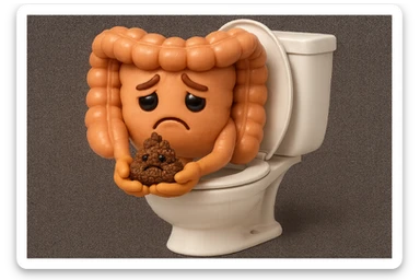 emoji stile iphone di un intestino realistico 3d che esce dal wc con in mano una montagnetta di feci con espressione triste a palline, iperrealistico 4k sticker