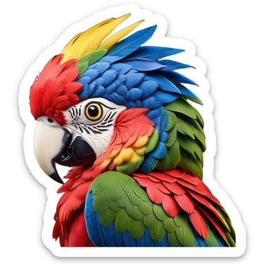 Cinematic Realistic Noble Macaw Portrait Emoji, Poised and majestic, with a robust, vibrant build and meticulously detailed plumage in scarlet, deep blue, and touches of gold, a strong, curved beak and piercing, intelligent eyes, rendered with lifelike feather texture and natural lighting, high shine, commanding and regal, styled with an air of tropical authority, focused and attentive, soft glowing outline, capturing the essence of a watchful and confident macaw that appears ready to soar out of the screen with effortless splendor! sticker