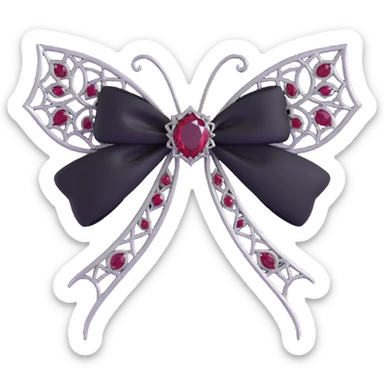 gothic bow, black velvet, silver spiderweb filigree, deep ruby gemstone, ornate and dramatic sticker