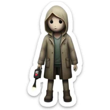An icon depicting a dark, foggy street with eerie, abandoned buildings, inspired by Silent Hill 2. The design features a mysterious figure holding a flashlight, casting long shadows. A chilling atmosphere is created by dim lighting and unsettling details. Transparent background. sticker