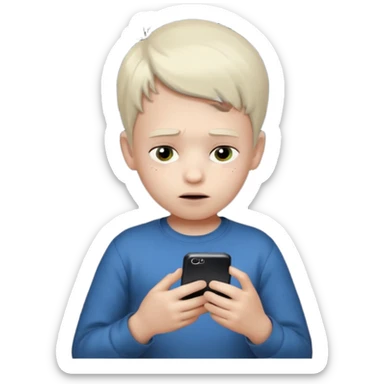 un niño de entre 3 - 10 años jugando con su celular, cansado en una habitacion apagada, el niño tiene piel blanca

 sticker