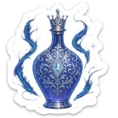 modernus itin prabangus eliksyro buteliukas, maža karūnėlės forma, spalva #7986cb, sudėtingi ryškūs sidabriniai ir holografiniai ornamentai, maksimaliai stiprūs magiški efektai, labai mažas kaklelis, skaidrus fonas, vientisas dugnas, be šešėlio, plūduriuoja ore, kolekcijos stilius sticker