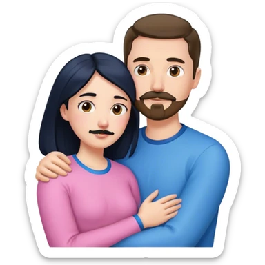 Tall white man with brown mustache goatee wearing blue AND a short pale woman with long black hair wearing pink, hugging sticker