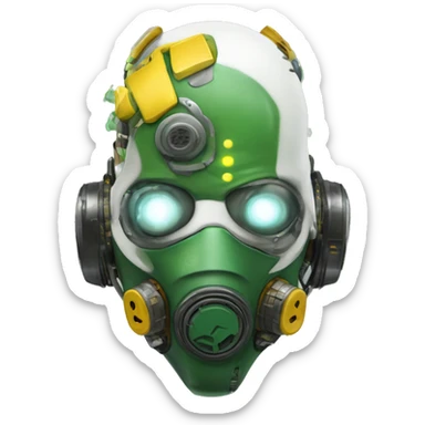 Green skin cyborg head with dark yellow Mohawk, white respirator mask and circuitry sticker