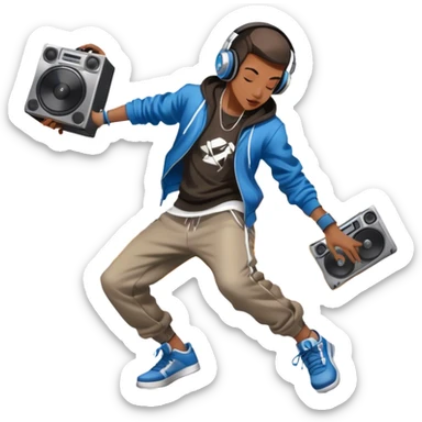 Icon for Street Dance: a dancer in urban streetwear performing a dynamic lower breakdance move, with a spray-painted background, headphones, and a boombox on the asphalt. The icon should capture the energy, style, and creativity of street dance culture. Transparent background. sticker