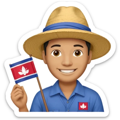 Cambodian man Tourist Guide with small cambodian flag in hand and traditional cambodian hat sticker