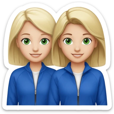 two girls smiling one has blond hair and green eyes and one is has dark brown hair and blue eyes they are wearing royal blue track suits sticker