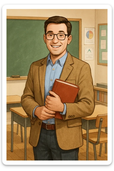 A friendly teacher character, standing and smiling, holding a book, in a classroom setting, approachable and professional. sticker