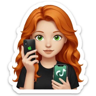 Girl with dark long orange wavy hair, green eyes, and black t-shirt and phone with tiktok app on hands sticker