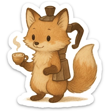 soft pastel fluffy fox with coffee maker elements holding a tiny latte cup, brown and beige tones, full-body sticker