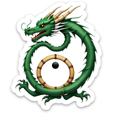 An icon symbolizing Eastern martial arts in the style of an emblem, with a black-and-white Yin-Yang symbol at the center. A dragon is placed on either side, representing strength and wisdom. The design includes bamboo and traditional elements. Transparent background sticker