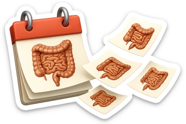 emoji stile iphone di un calendario con fogli che volano insieme, sui fogli ci sono disegnati degli intestini anatomici, iperrealistico 4k, isolato su sfondo bianco sticker