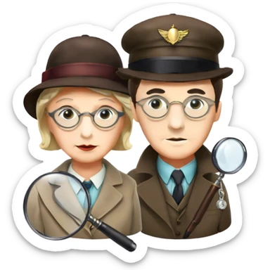 Icon for Detective Movies: A colorful collage with Sherlock Holmes, Miss Marple, and Pinkerton. Include magnifying glasses, clues, detective tools, a criminal and a policeman in the background. The design should evoke mystery and intrigue, with a classic detective movie feel. Transparent background. sticker