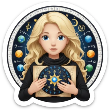 A long wavy haired blonde girl with blue eyes, wearing black, with a scarf on, holding astrology natal chart paper   sticker