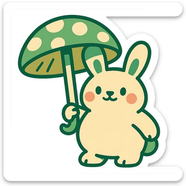 chubby bunny holding a mushroom umbrella, pastel beige and moss green, vibrant toon style sticker