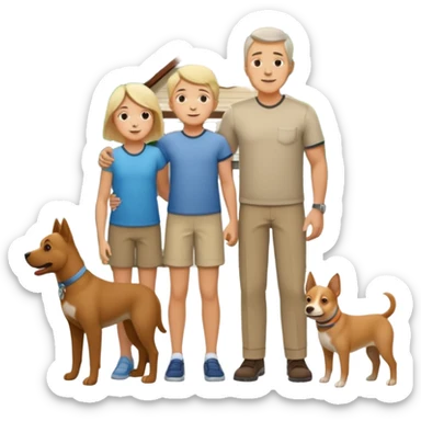 1 Father 1 Mother and 1 young boy who is half as tall as the parents, standing in front of their house with a dog next to them. Everyone should look VERY happy. There MUST be a house behind them with trees and plants sticker