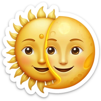 a really bright  big sun and a small moon who shines because of it. the sun is bigger and the tiny \moon bright too beside it smiling looking at each other sticker