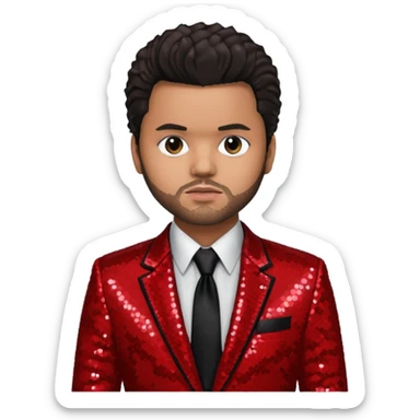 The Weeknd with dark brown hair, red sequin suit jacket, black shirt with tie sticker