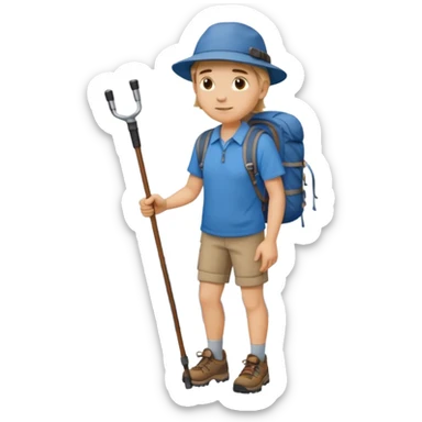 a full-body hiker with a hat blue shirt and hiking stick.hiking a mountain sticker