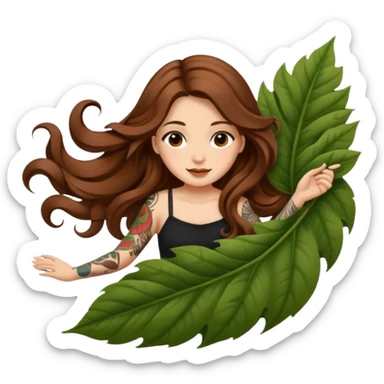 cute woman long wavy brown hair tattoos sliding down leaf sticker