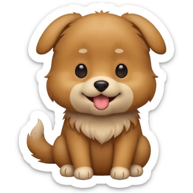 Cute small brown fluffy dog emoji icon. Round face, short muzzle, light brown fur with slightly darker ears, small black nose, happy smiling expression with tongue out. Soft friendly eyes, sitting pose with front paws together. Simple clean vector style, minimal details, kawaii style. sticker