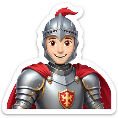 side-view RPG character asset in a clean. The character is a brave knight with exaggerated, rounded features and minimal linework. They wear polished armor in silver tones, with a bright red cape flowing behind them. The face should have large, expressive eyes and a friendly smile that’s clearly visible even from the side view. Keep proportions simple and cartoony. The stance is slightly turned to emphasize the character’s side profile (facing right), with one hand on the hip and the other resting on a sheathed sword at the waist. The colors should be vibrant and easy to read, with smooth shading reminiscent of typical emoji designs. Include two variations: one idle pose and one simple walking pose, each capturing the playful, streamlined look of emoji-like characters. sticker