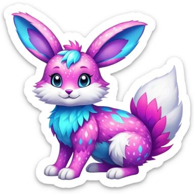 Vibrant multicolored neon-colored Falvie-Fionbri-creature-sparkle-rabbit-hybrid-fursona, full body, fur pattern-markings sticker