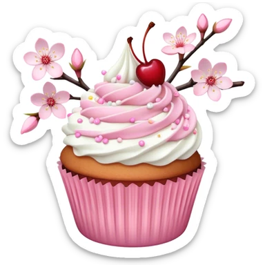 Cupcake with white frosting and pastel pink sprinkles，Cherry blossoms sticker