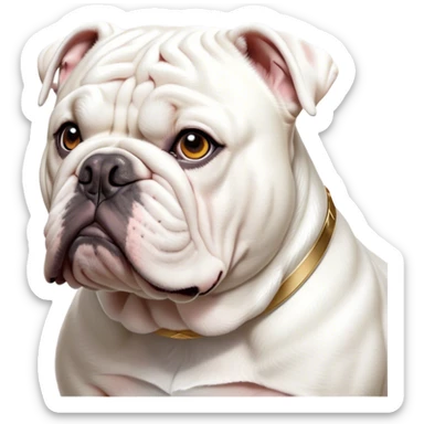 Cinematic Noble White English Bulldog Portrait Emoji, Poised and regal, with a sturdy, muscular build and a pristine, well-groomed pure white coat, deep-set soulful brown eyes, Simplified yet sharp and sophisticated features, highly detailed, glowing with a soft, dignified glow, high shine, intelligent and resolute, stylized with an air of authority, focused and attentive, soft glowing outline, capturing the essence of a watchful and confident guardian, so majestic it feels as though it could lumber out of the screen with effortless authority! sticker