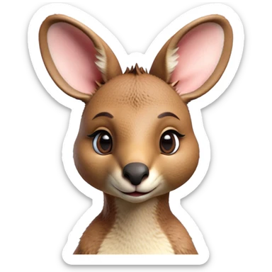 Cinematic Realistic Cute Kangaroo Portrait Emoji, Head tilted playfully and inquisitively, featuring a compact, agile build with soft, warm tawny fur and a characteristically endearing face with bright, curious eyes and perky ears, rendered with lifelike detail and natural highlights, high shine, affectionate and spirited, styled with a touch of outback whimsy, soft glowing outline, capturing the essence of a mischievous yet lovable kangaroo that seems poised to hop playfully into your arms! sticker