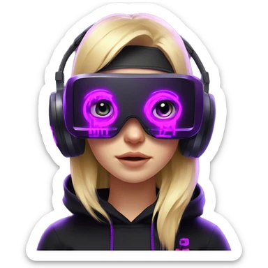 Russian cute blond girl wearing black hoody with violet letters "OMG", in vr headset. Cyberpunk style. Violet neon. sticker