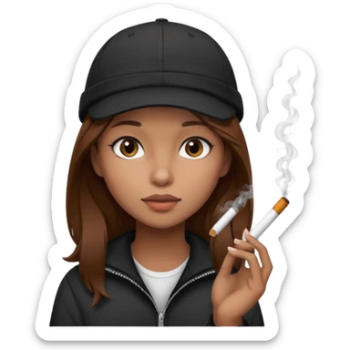 A girl with brown hair with a cigarette and a black cap sticker