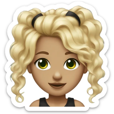 Girl with curly and blonde hair, with green eyes, two nose piercings with a black and white Pomerania  sticker