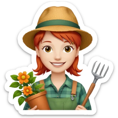 red hair gardener holding gardening tools, with hat sticker
