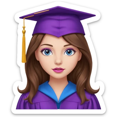 girl with long wavy brown hair, blue eyes, long lashes makeup, sexy pink lips, wearing a purple graduation cap and gown sticker