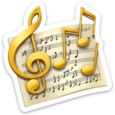 Create a bright and artistic emoji that represents music composition. The design should feature musical notes, a pencil or quill, and a sheet of music, symbolizing the creative process of composing a song. Add a touch of elegance with flowing lines to represent melody and rhythm. Use gold or silver tones for sophistication, and incorporate a mix of vibrant colors to convey creativity. The background should be transparent. sticker