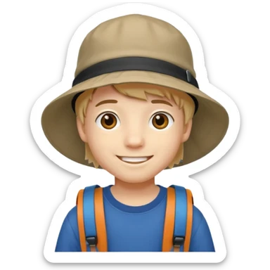 a young student boy with the backpack with bucket hat sticker