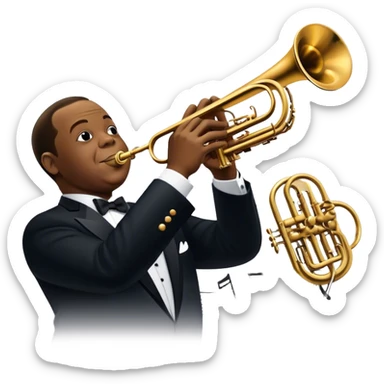 Icon for Jazz Music: collage of Louis Armstrong with his trumpet and Glenn Miller with his orchestra. Silhouettes of musicians, brass instruments, and musical notes. The design should convey the classic, smooth vibe of jazz. Transparent background. sticker