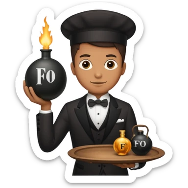 A butler holding a platter with an old-fashion bomb on it with the letters FO on the bomb sticker