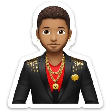 Usher with dark brown hair, black sequin suit jacket, shirtless with necklace sticker