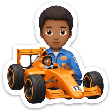 black kid playing orange formula 1 toy sticker