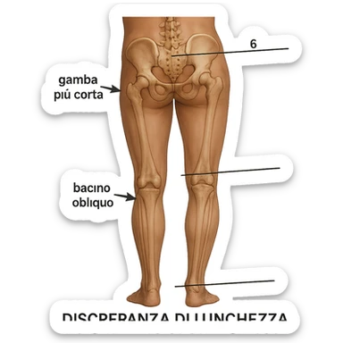 Medical style hyperrealistic posterior view highlighting the difference in leg length: one leg visibly shorter than the other, pelvis tilted for compensation. Add arrows, reference lines, and an anatomical caption in Italian to make the concept immediately understandable. Remove background. Variation 4. sticker