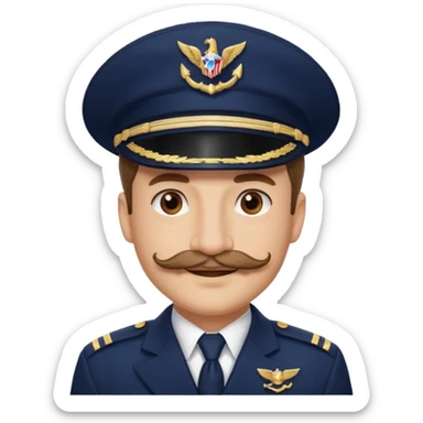 A light-skinned man with brown eyes and handlebar mustache, smiling while wearing a white captain’s hat with a navy emblem. sticker