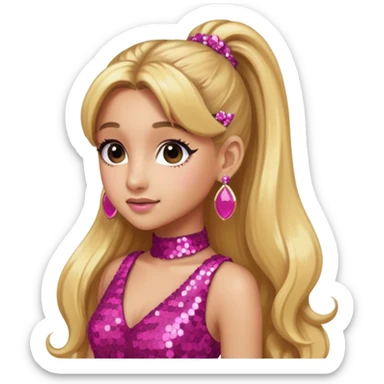 Ariana Grande with long golden blonde ponytail hair, dark pink sequin dress, pink earrings sticker