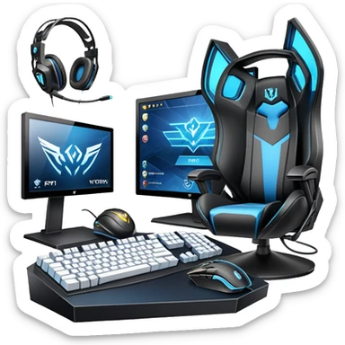An icon featuring a gaming setup with a high-tech monitor displaying a competitive game, a keyboard, and a gaming mouse. The design includes a headset and a trophy, symbolizing victory and skill in esports. Transparent background highlights the energy and precision of professional gaming. sticker
