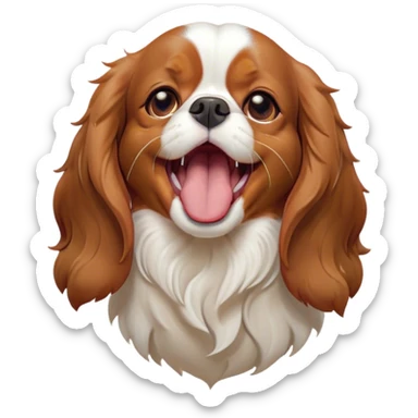 Cinematic Cute Yawning Blenheim Cavalier King Charles Spaniel Portrait Emoji, Head tilted slightly with a dramatic, wide-open yawn, soft Blenheim coat with delicate chestnut and white markings, floppy ears slightly drooping, round brown eyes barely open in drowsy contentment, Simplified yet irresistibly adorable features, highly detailed, glowing with a soft, cozy glow, high shine, relaxed yet expressive, stylized with a touch of whimsy, bright and endearing, soft glowing outline, capturing the essence of a sleepy yet affectionate companion, so drowsy it feels like it could stretch right out of the screen and curl up for a nap! sticker