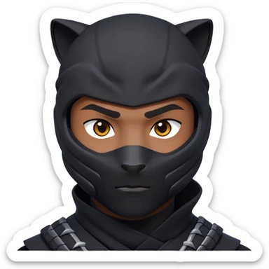 clash-of-clans-aesthetic_-cinematic-mysterious-male-ninja-portrait-emoji, rendered in a flat, vector-style similar to standard emojis with minimal shading and bold, simplified shapes, head slightly turned, revealing only intense, focused eyes, perched on a sleek panther moving silently through the shadows. sticker