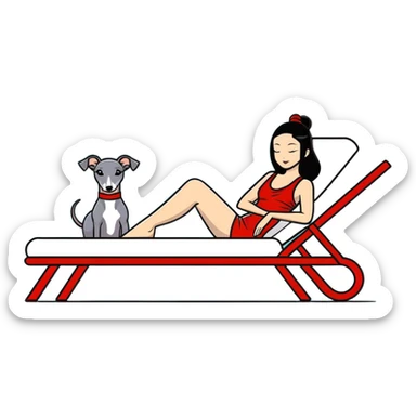 Very thin and slim Chinese woman with long black hair in elegant pool attire relaxing on a comfortable spa lounger at a luxury spa pool with her Italian greyhound that is COMPLETELY solid dark grey with ABSOLUTELY ZERO white markings anywhere - 100% uniform dark grey color only - also relaxing on a lounger sticker